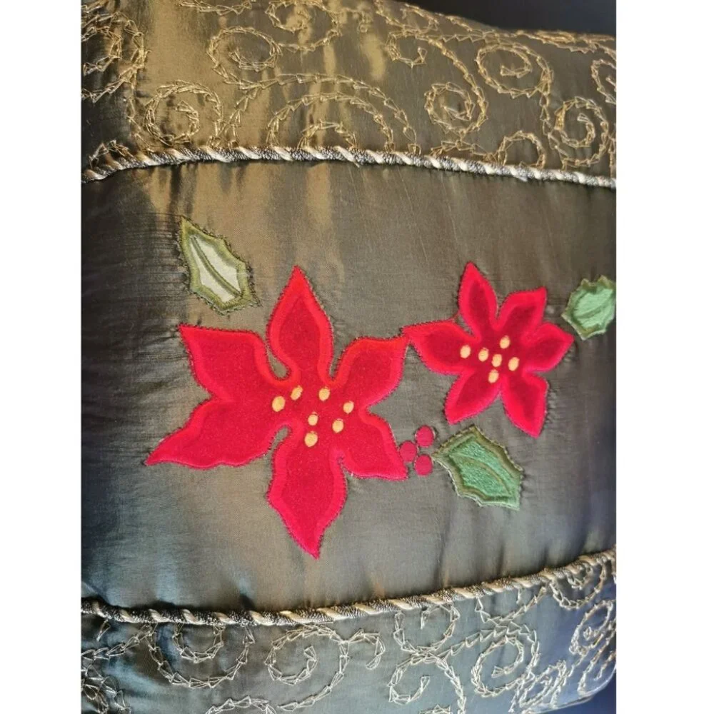 Poinsettia Vintage Green Satin Throw Pillows 13